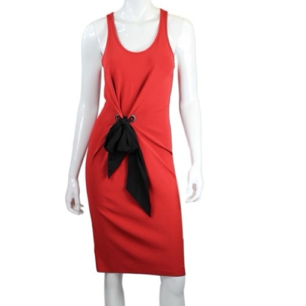 LANVIN Red Midi Dress Black Tie Bow 2015 Collection‎ Sleeveless Size M L Luxury